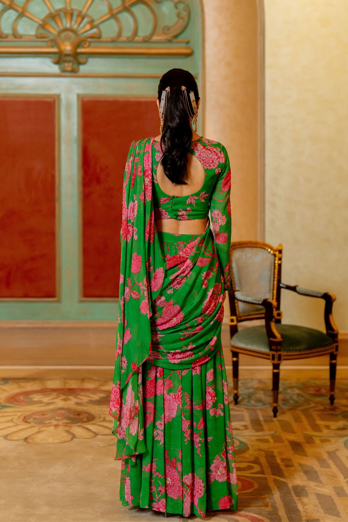 Green and Pink Floral Printed Pre Draped Saree Set