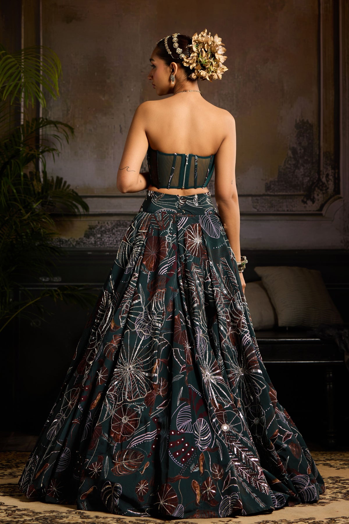 Dark Green Print Lehenga Set