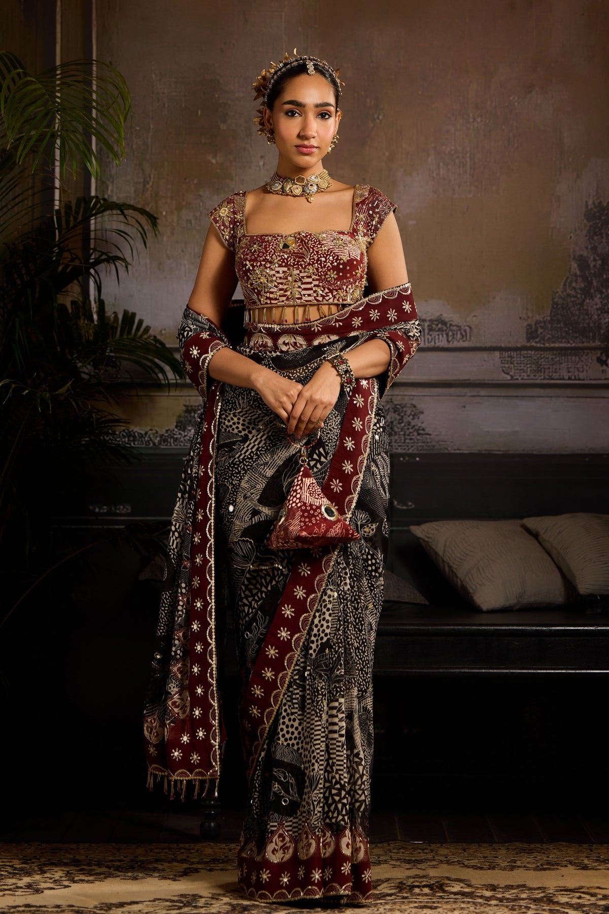 Black and Maroon Drape Saree Set