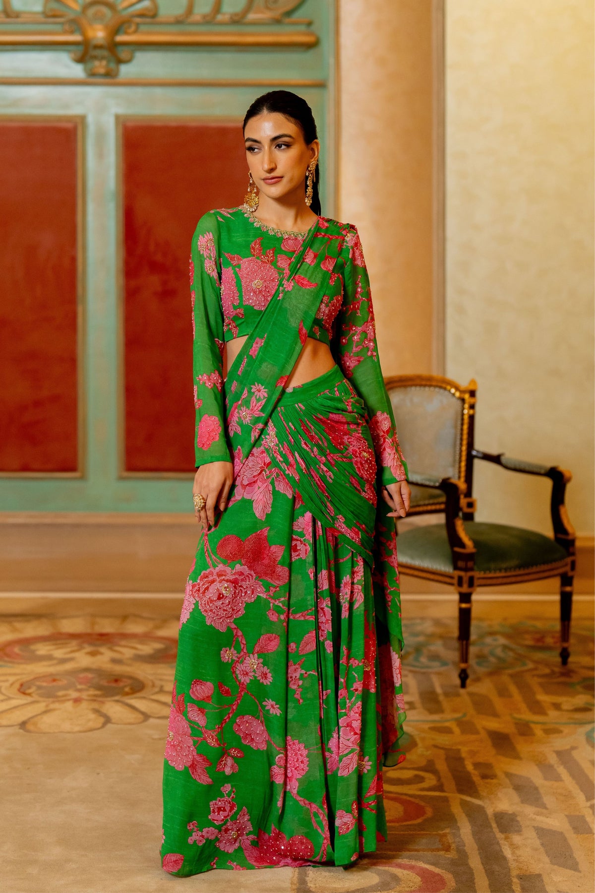 Green and Pink Floral Printed Pre Draped Saree Set