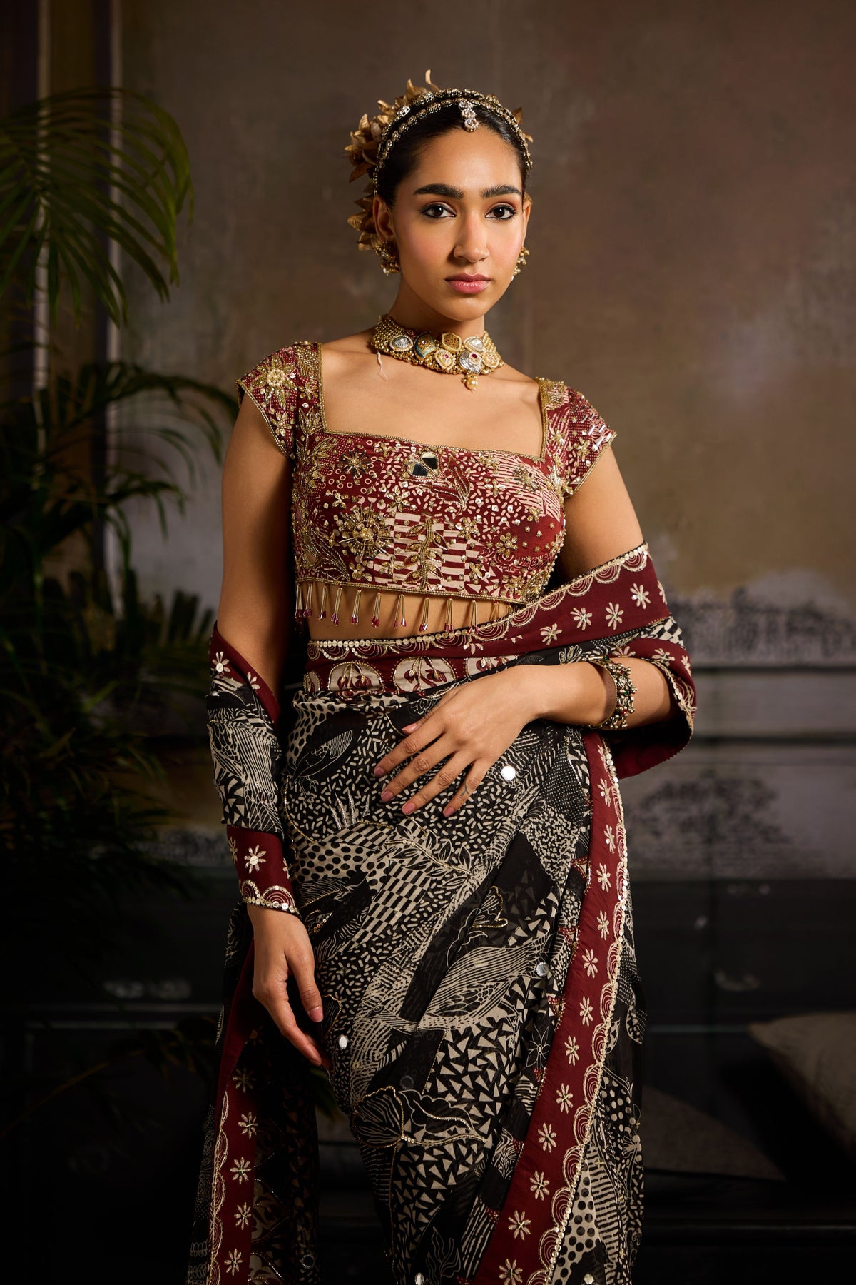 Black and Maroon Drape Saree Set