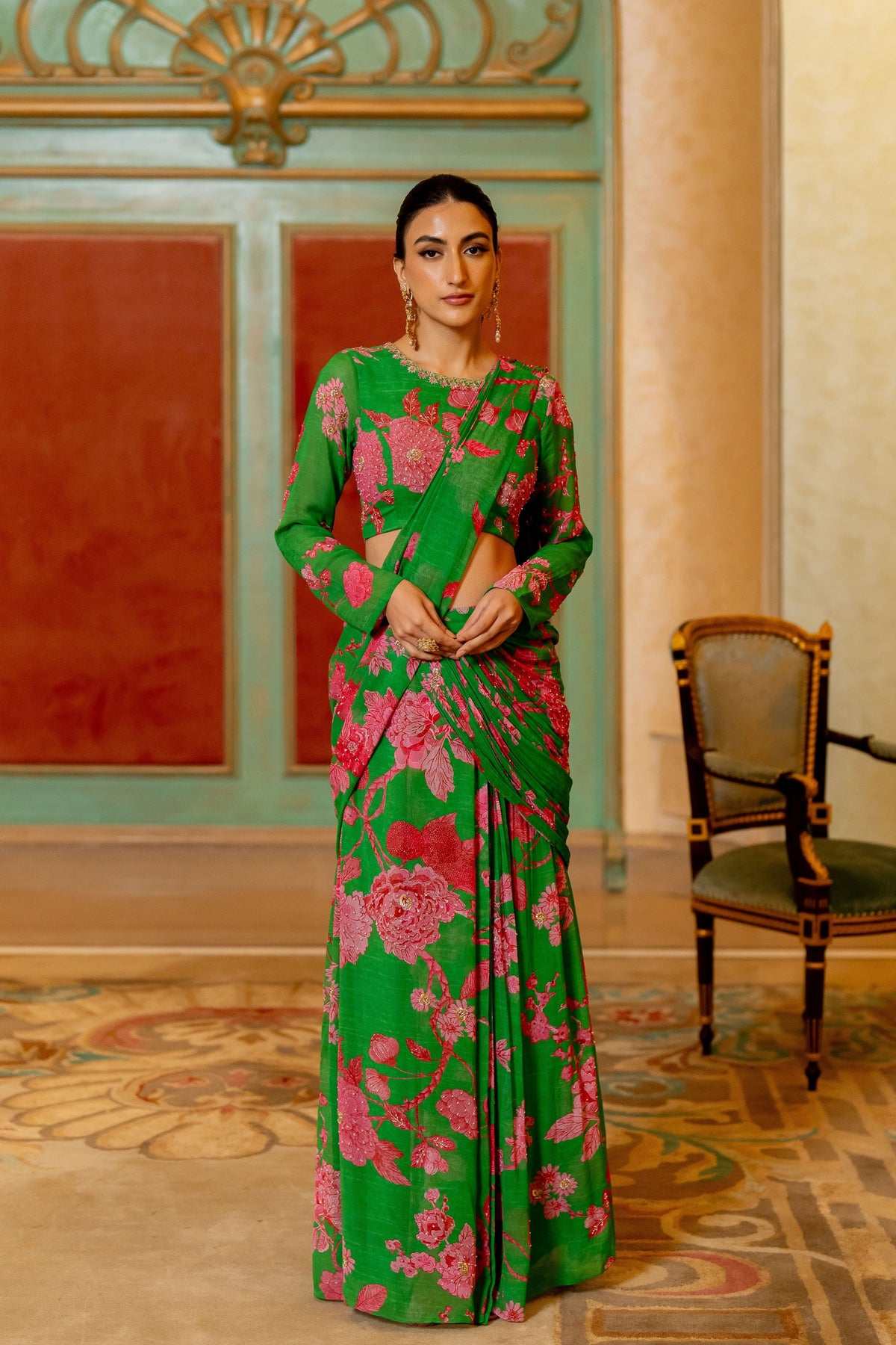 Green and Pink Floral Printed Pre Draped Saree Set