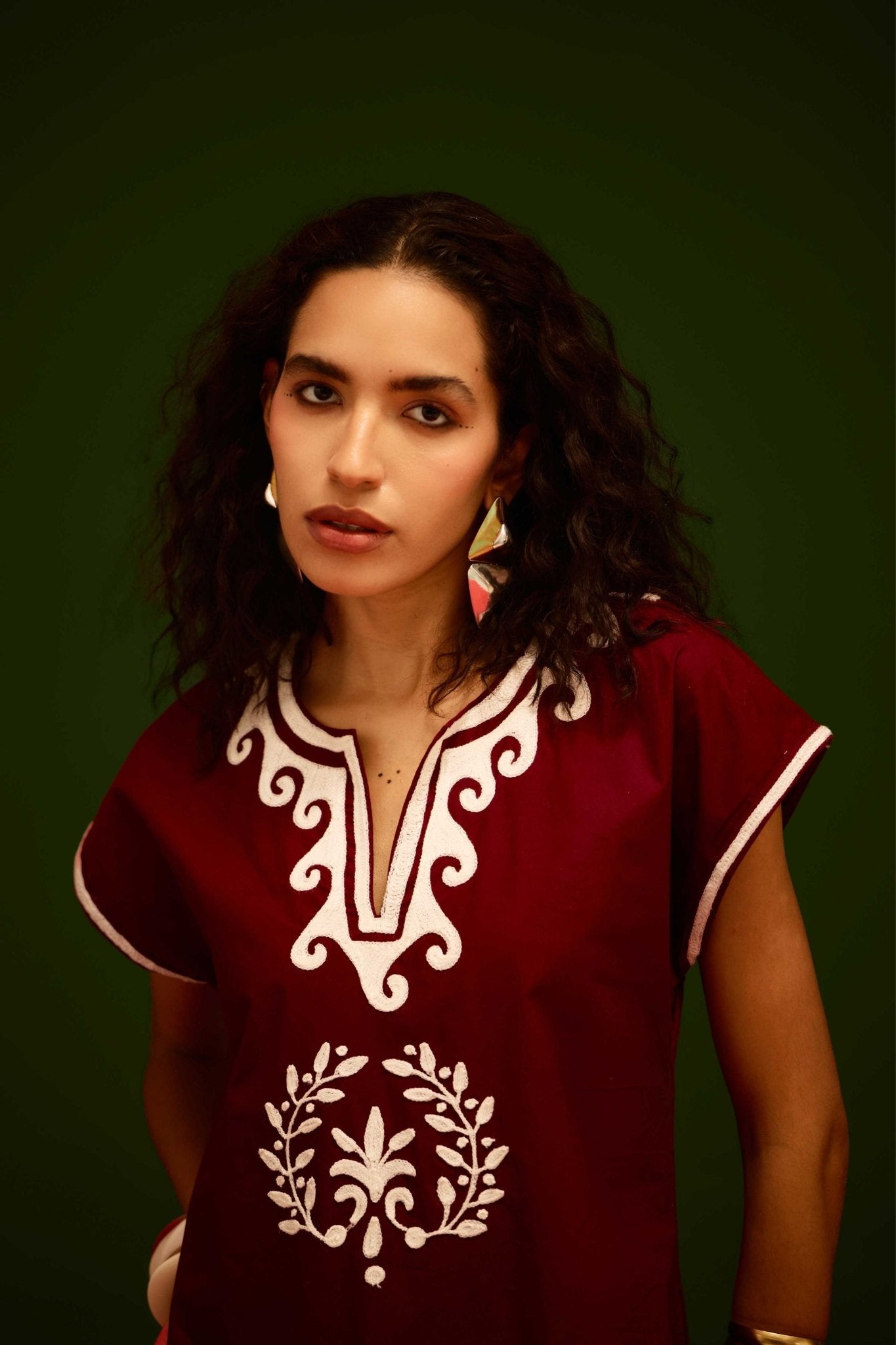Burgundy Wine Cotton Shift Dress with Thread Embroidery S Burgundy Wine Cotton Shift Dress with Thread Embroidery S
