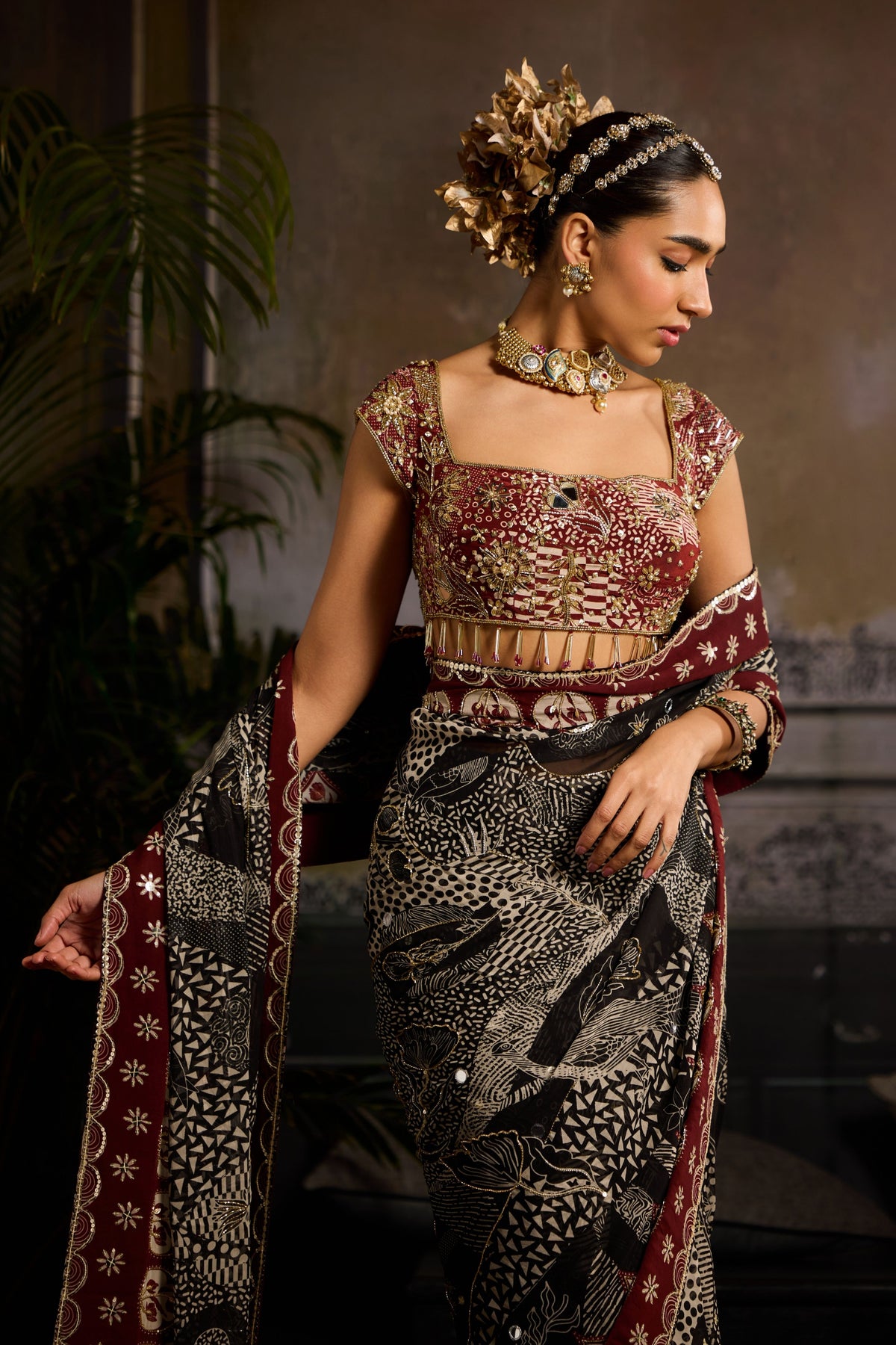 Black and Maroon Drape Saree Set