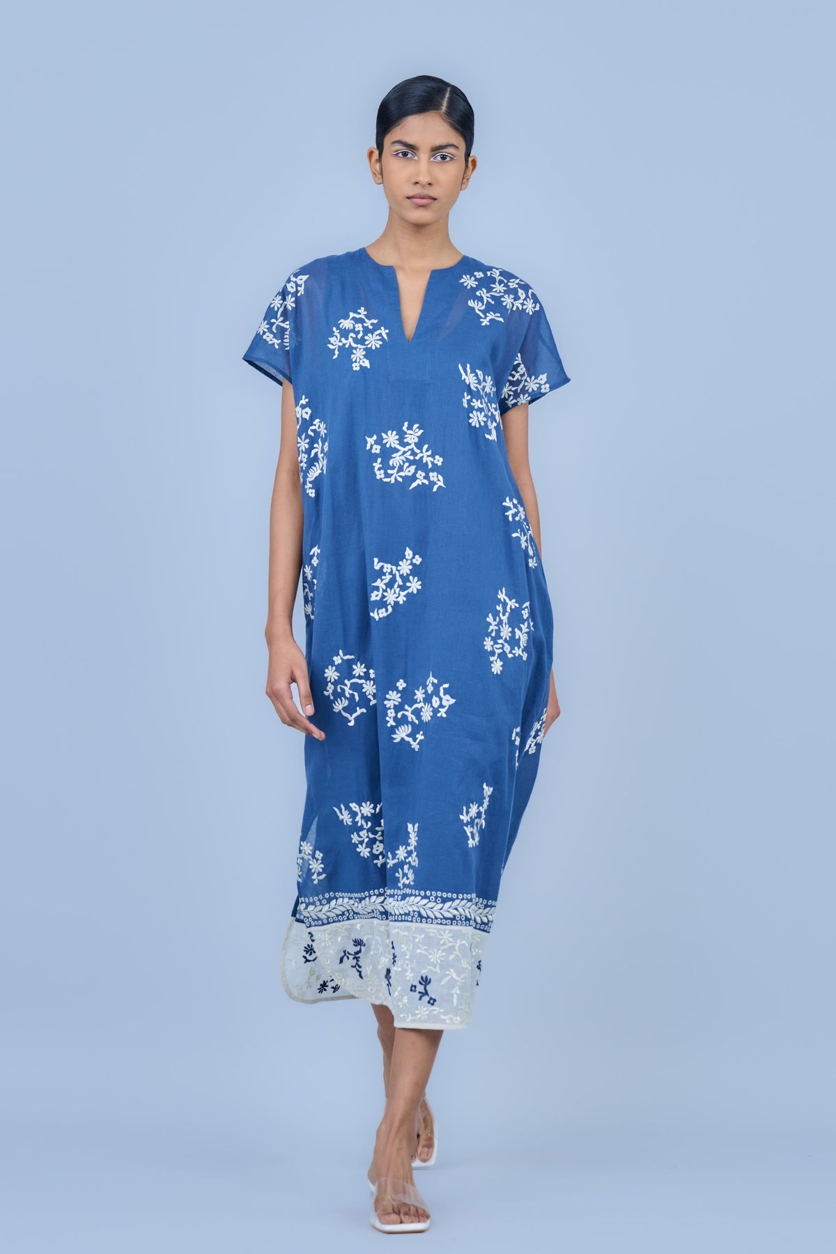 Cotton Threadwork Dress in Space Blue