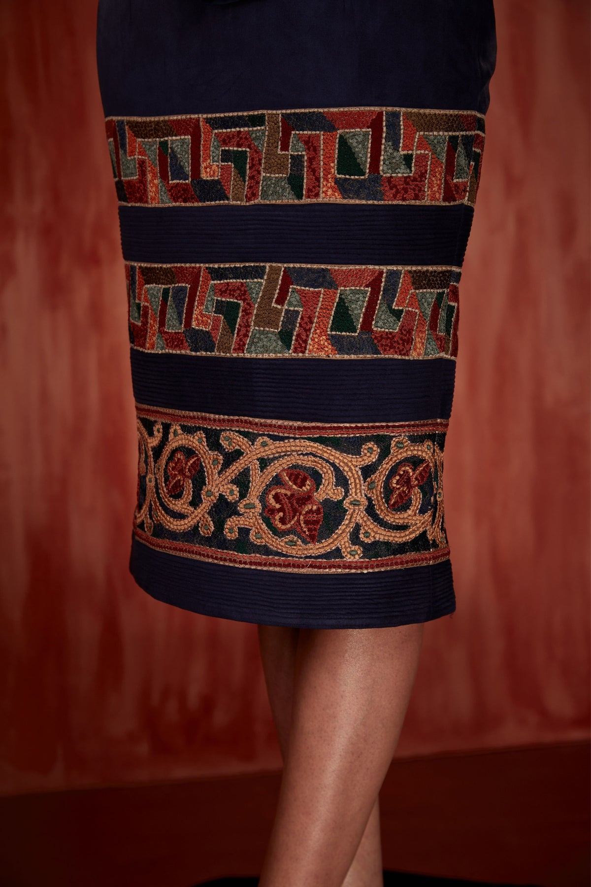 Tile Thread Embroidered Pencil Skirt