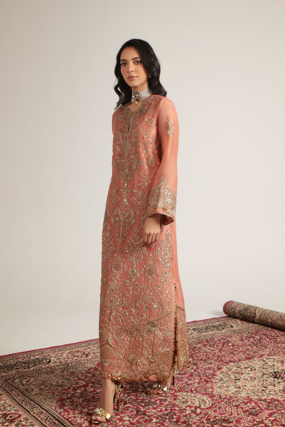 Peach Heavy Jaal Kaftan Set