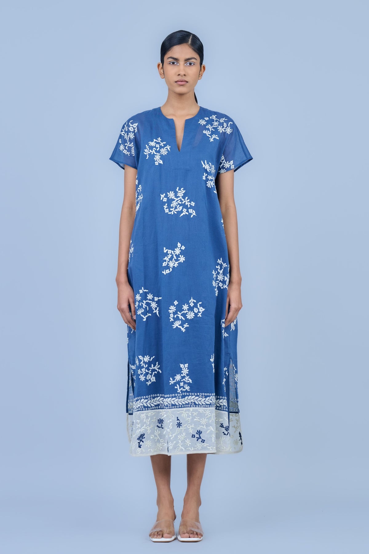 Cotton Threadwork Dress in Space Blue