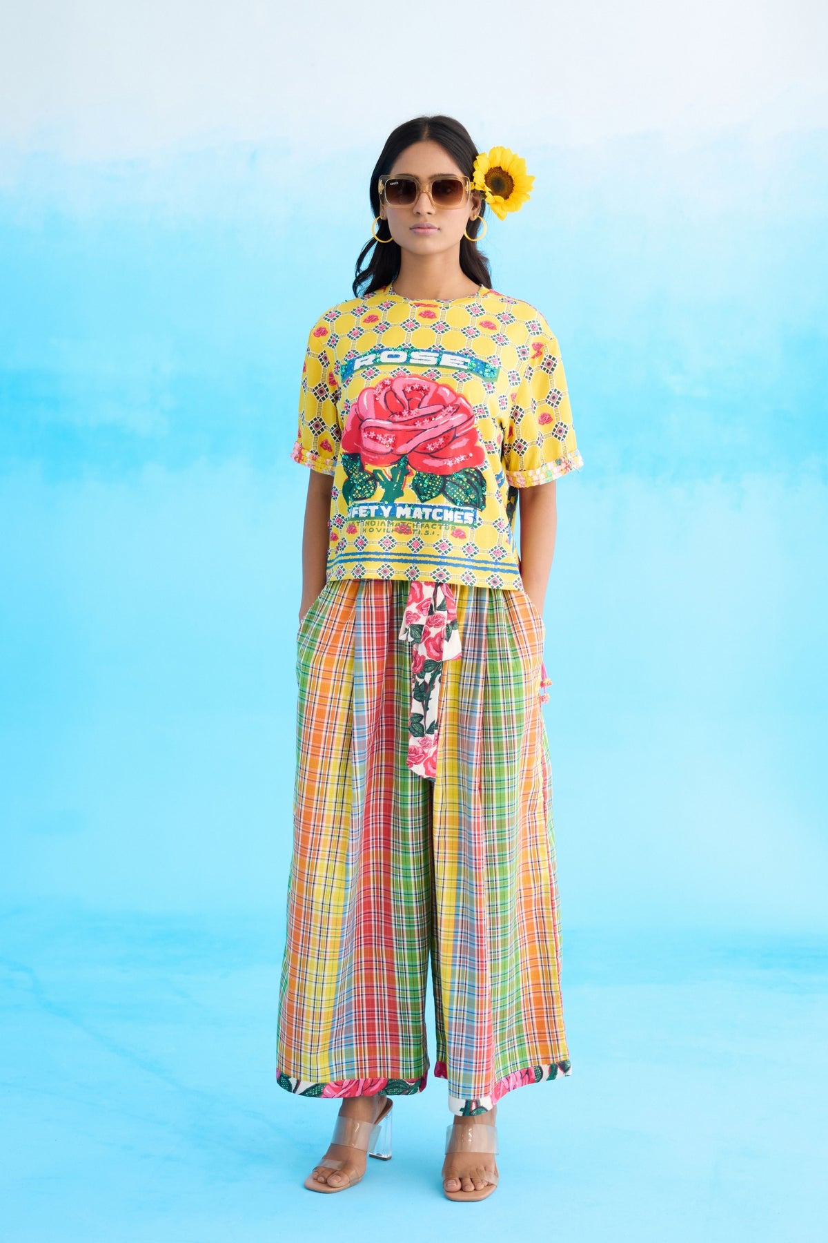 Yellow Madras Checks Wide Leg Pants