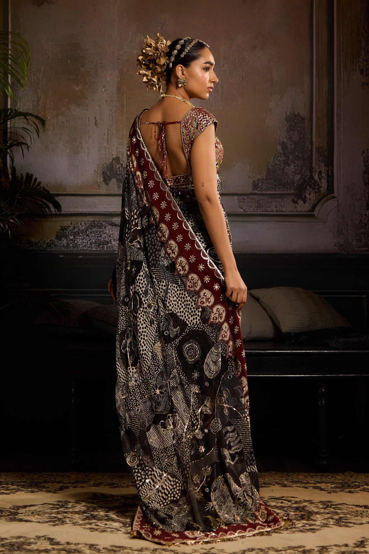 Black and Maroon Drape Saree Set