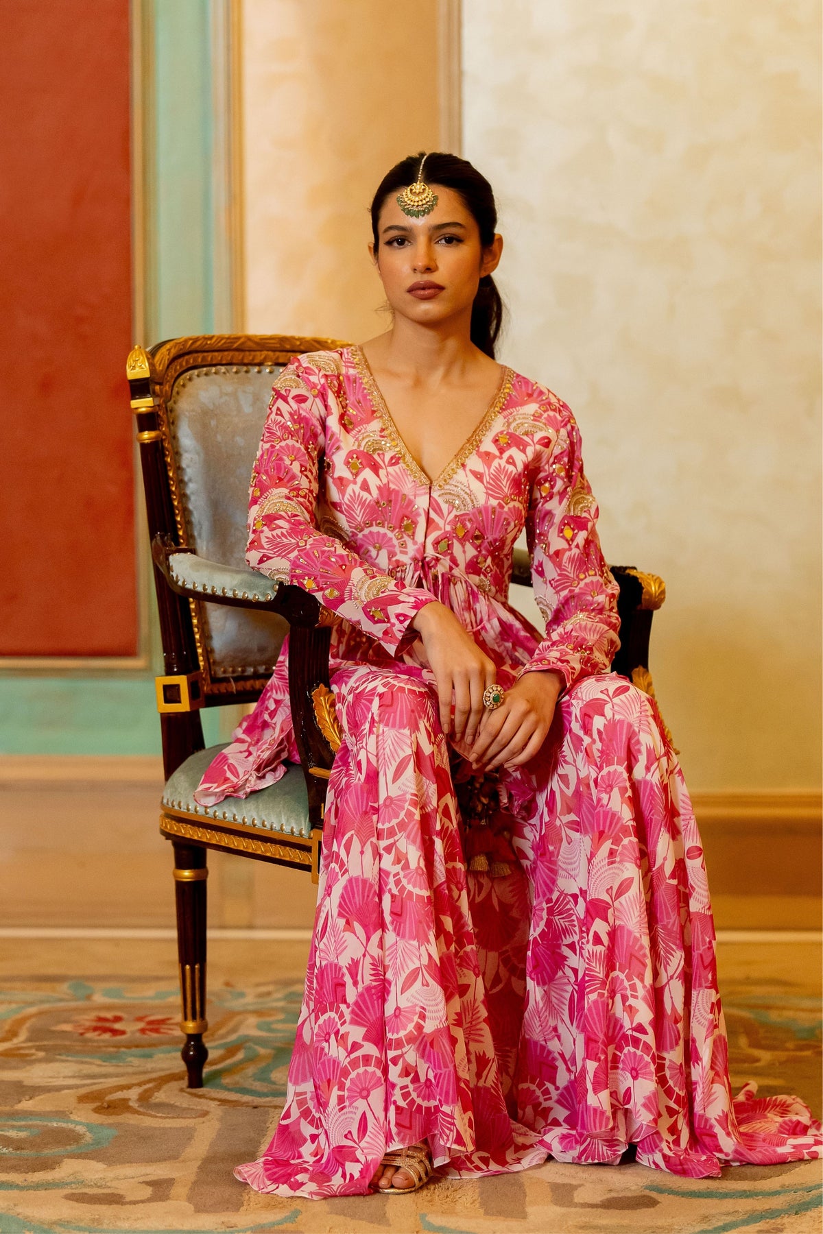 Pink Geometric Floral Printed Peplum Set
