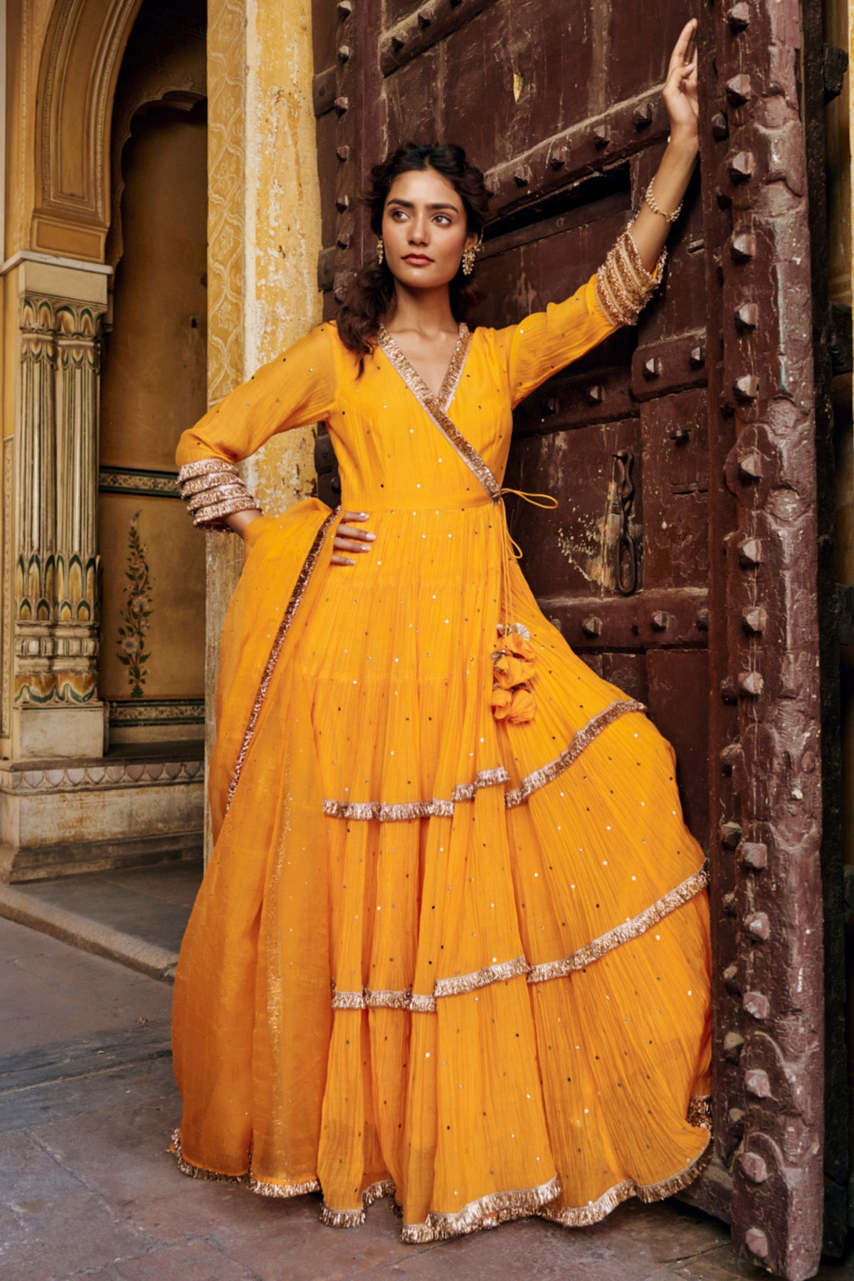 Saffron Tiered Angrakha Set