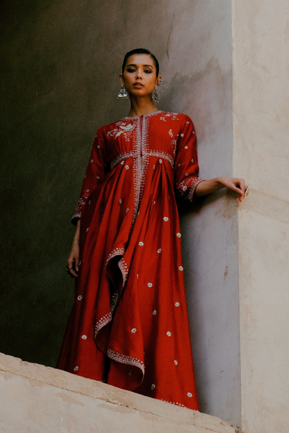 Embroidery Red Anarkali With Pants