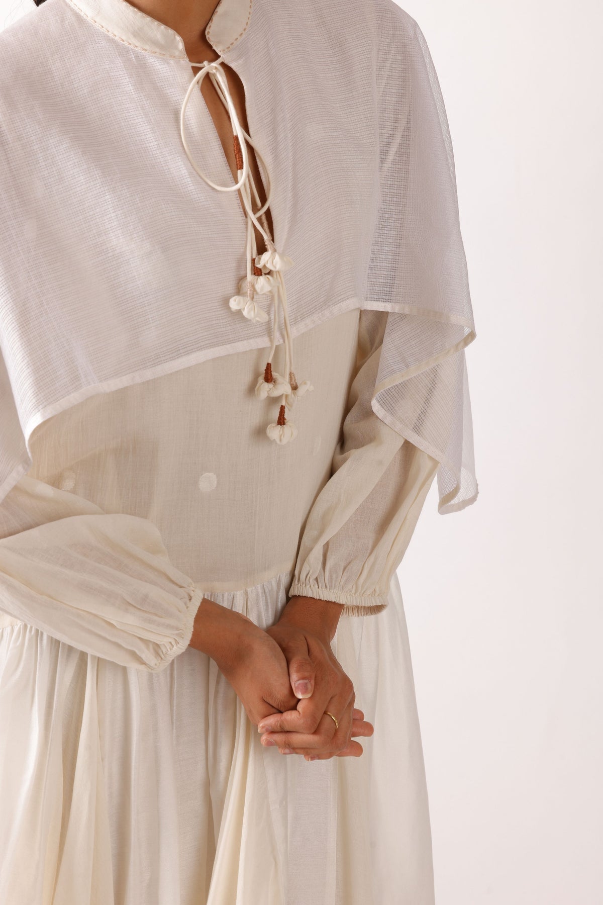 Cream Jamdani Godet Cape Dress