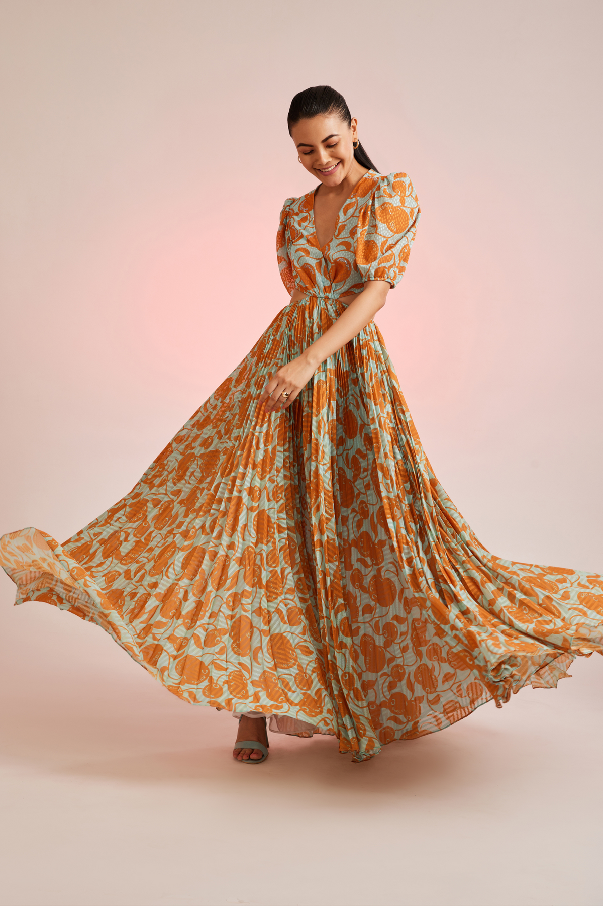 pankaj and nidhi pleated dress Porto Sage Sfumato Pleated Dress
