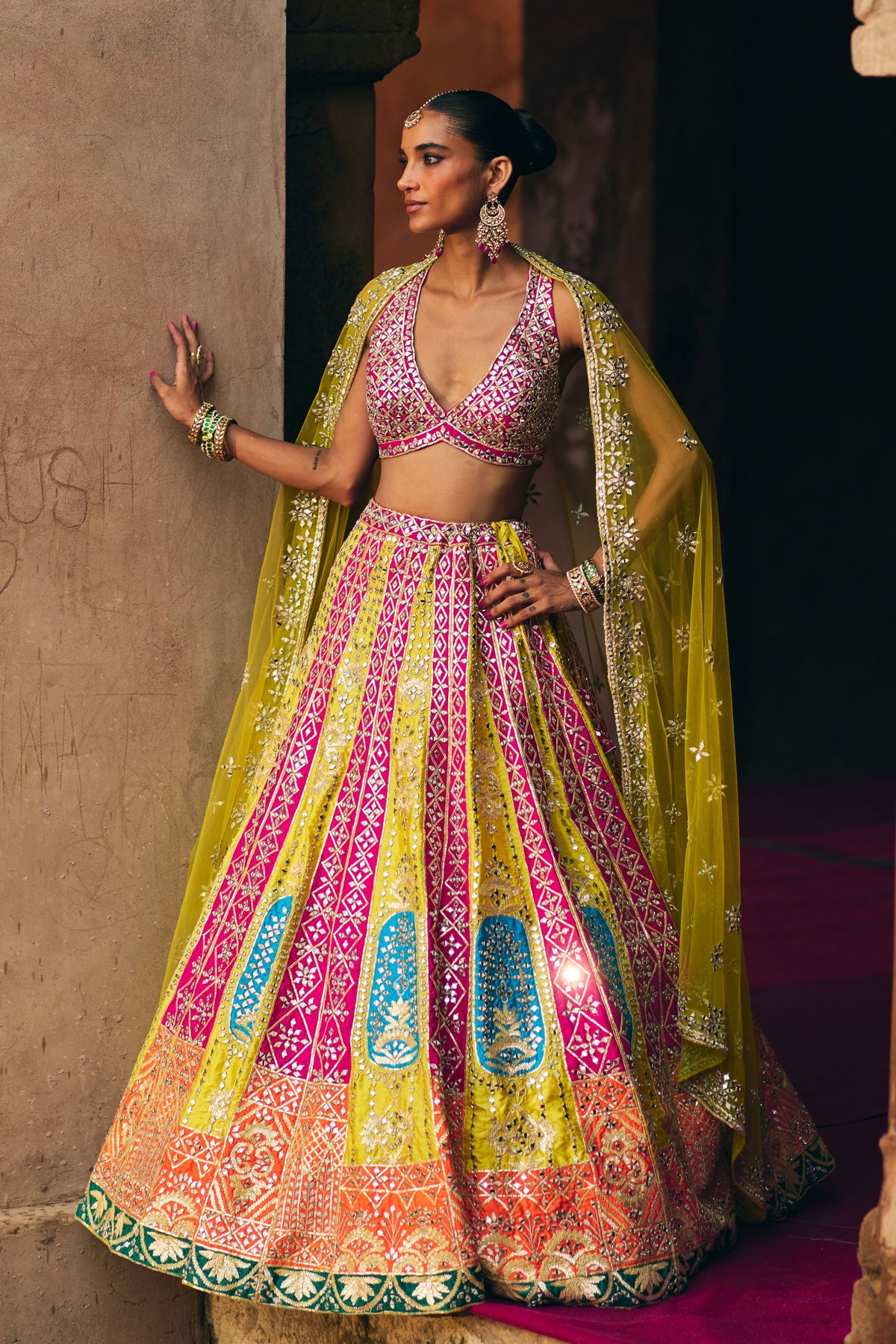 Multi Raw Silk Lehenga Set