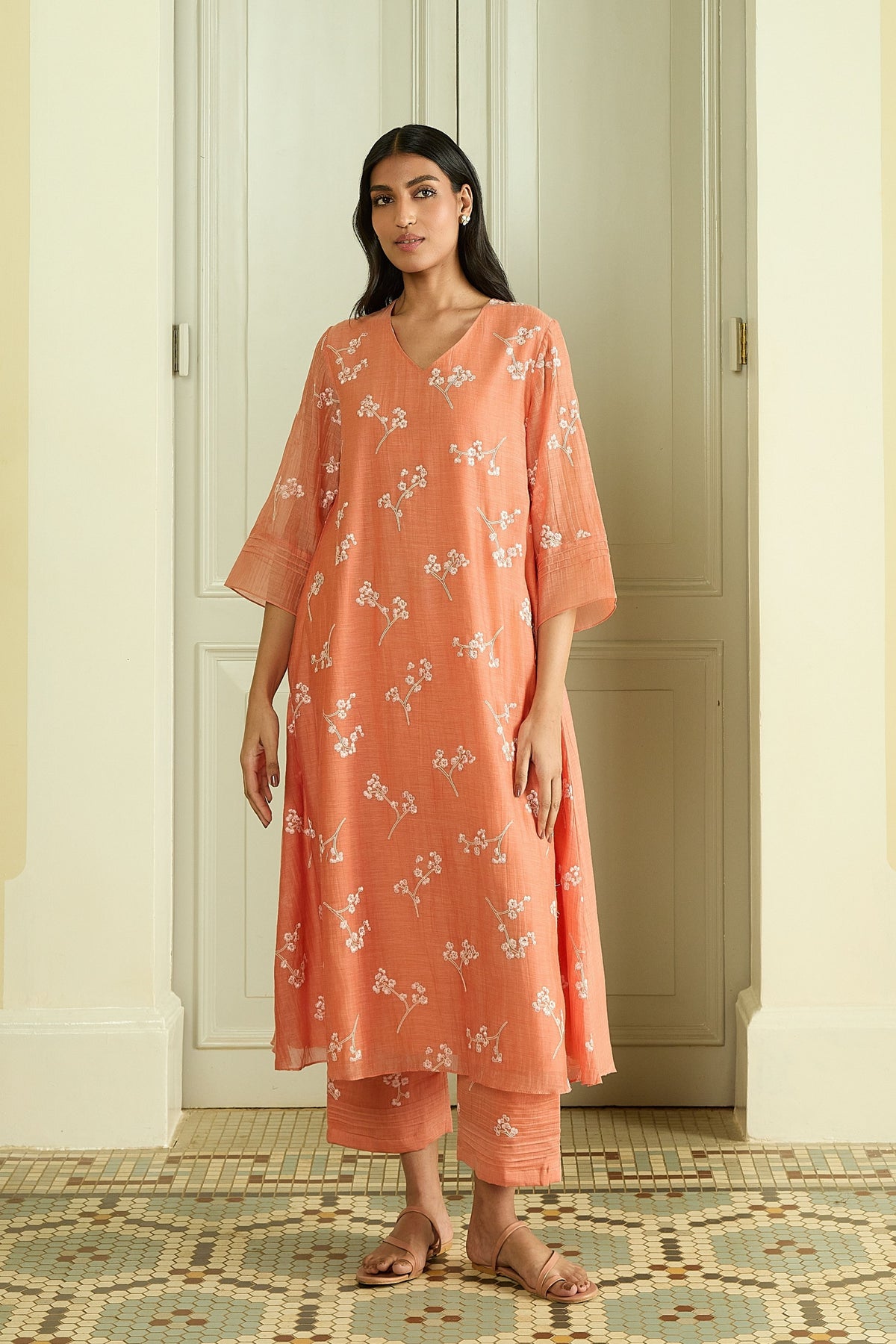 Tangerine Embroidered Tunic Set