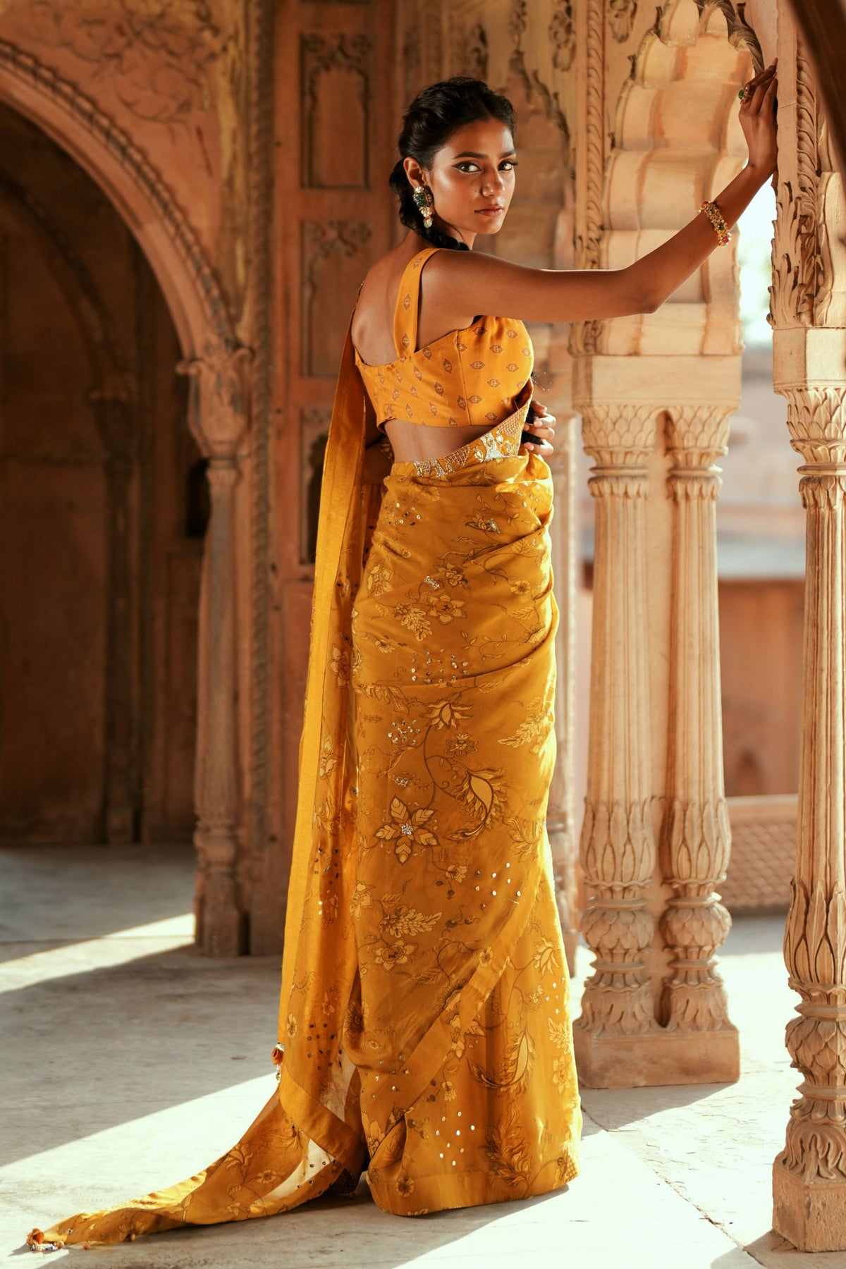 Golden Floral Organza Saree Set