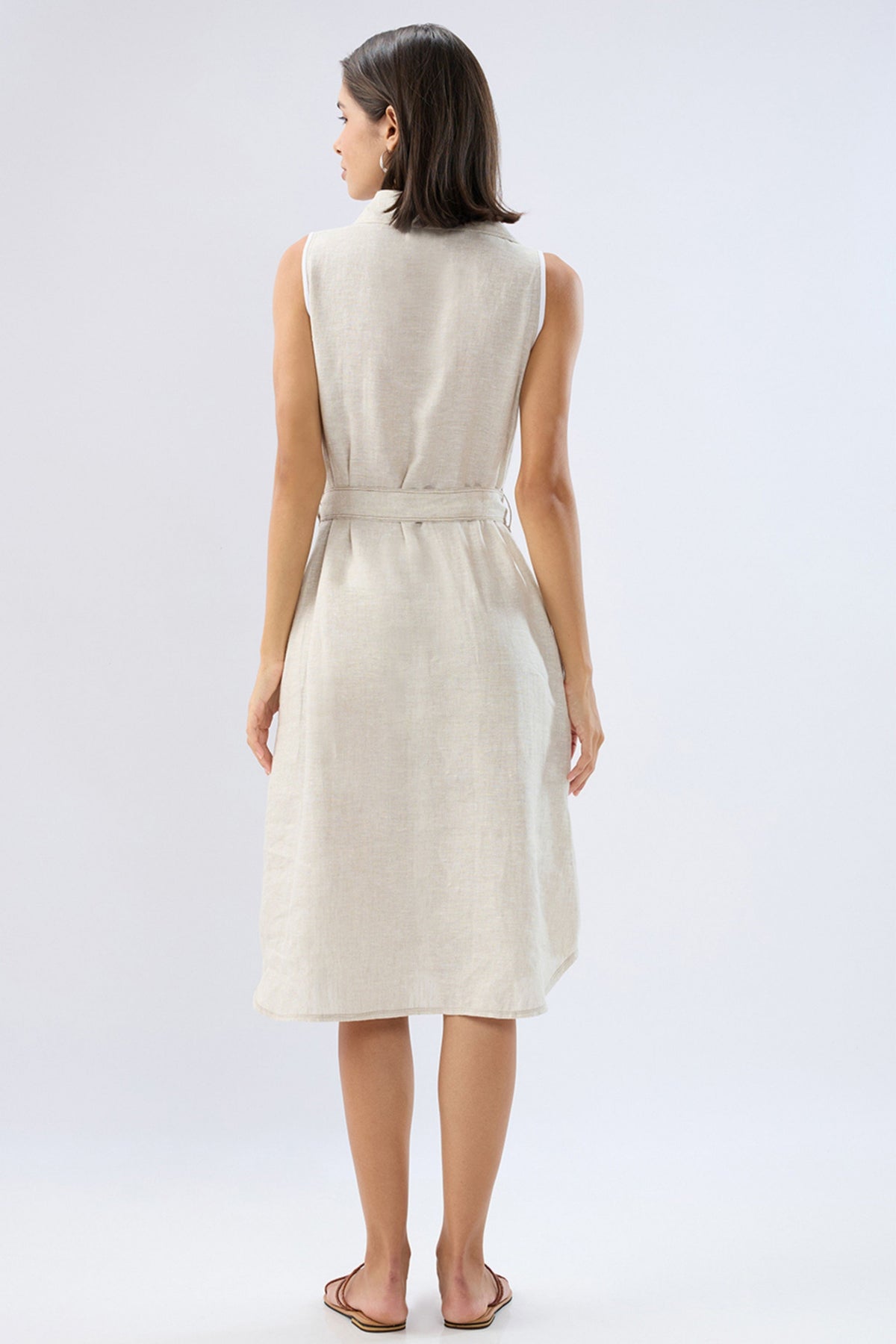 Beige A-line Tie-up Dress
