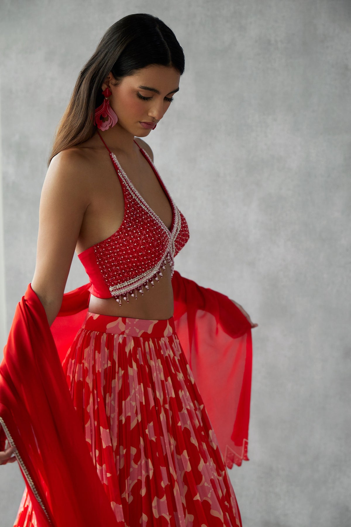 Red Printed Lehenga Set