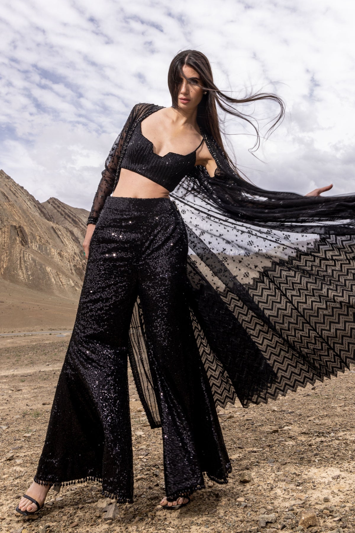 Black Cutdana Cape Set