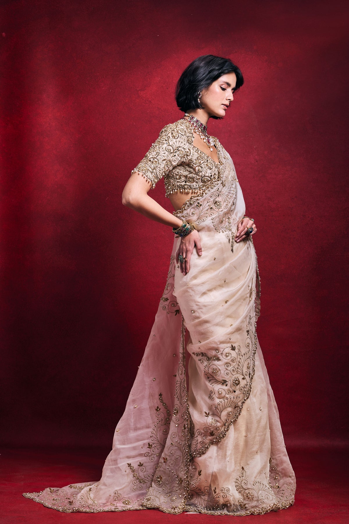 Elegant Cream Organza Saree Set