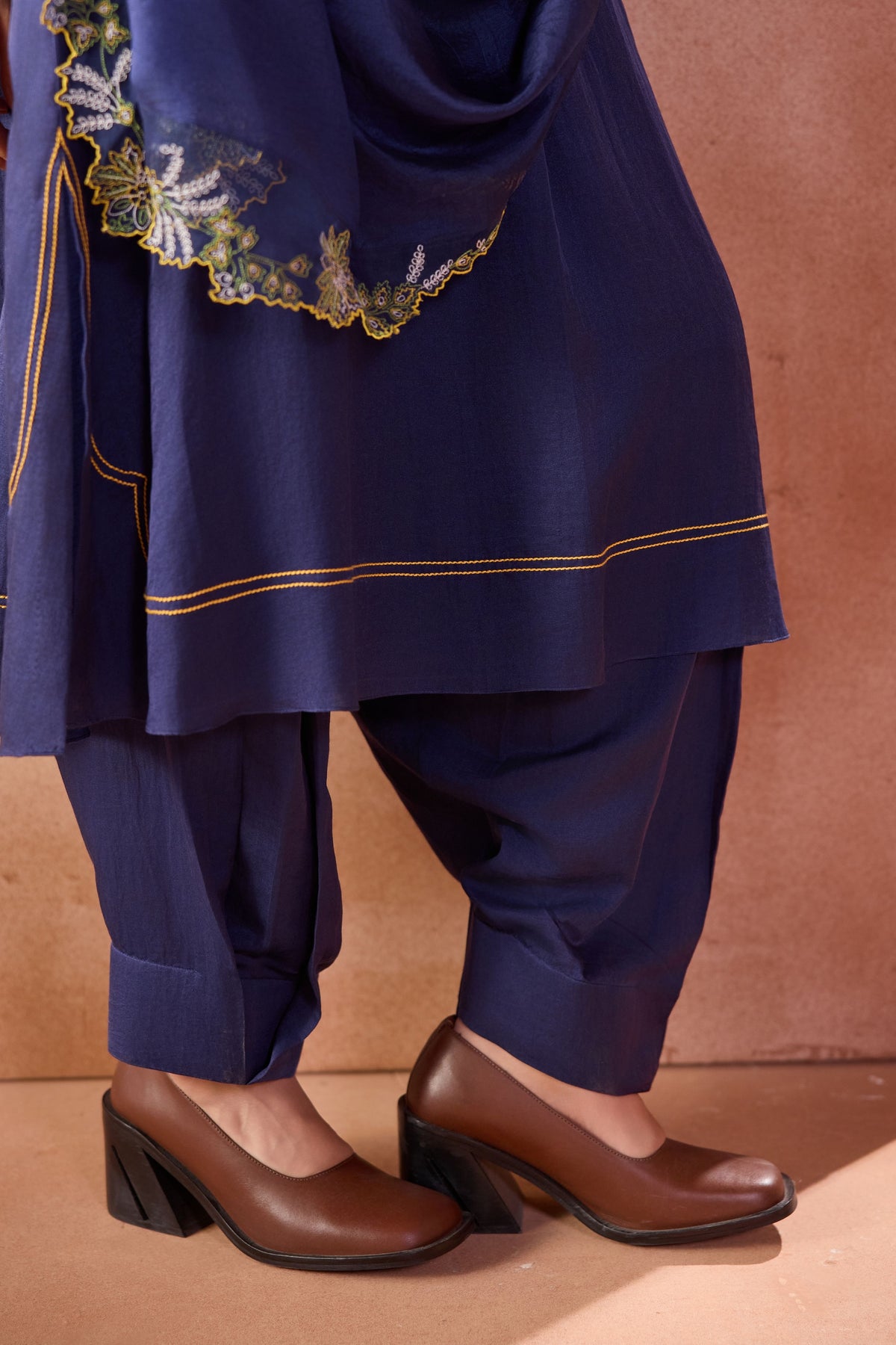 Navy Box Pleated Pants Kurta Set