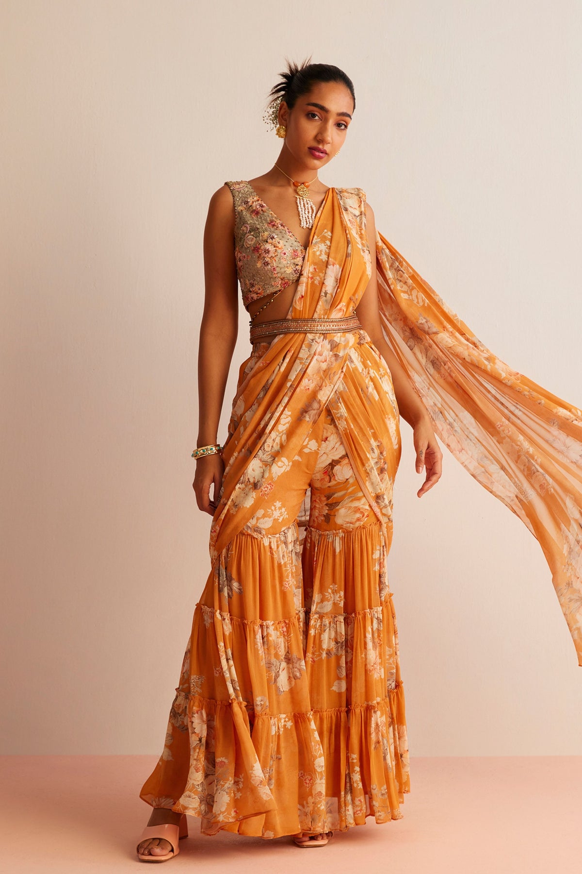 Orange Kayra Pre-draped Saree
