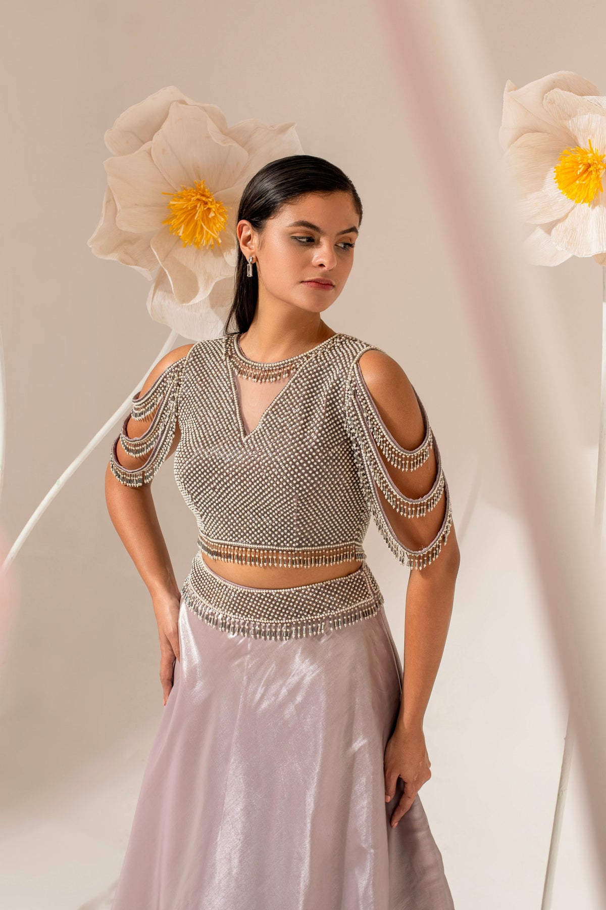 Silver Beaded Embroidered Lehenga Set