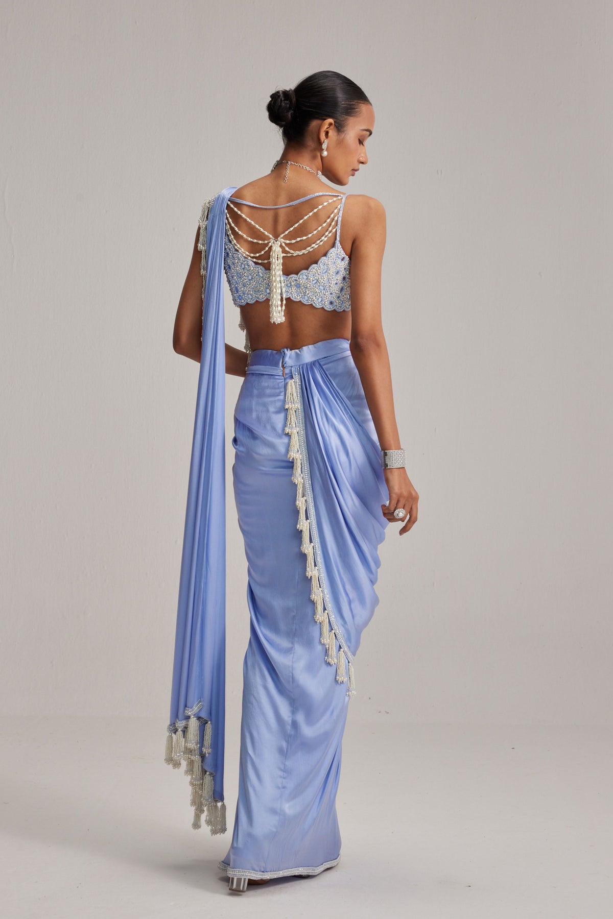Dew Blue Satin Draped Saree Set