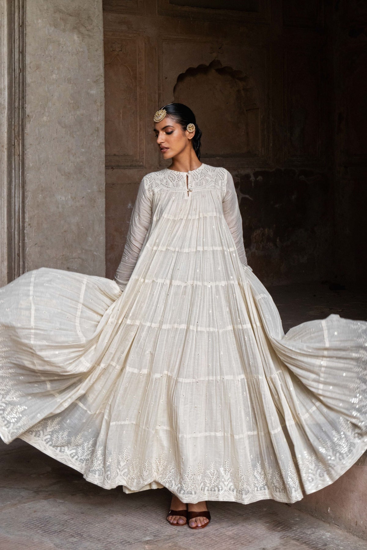 Off White 8 Layer Forest Anarkali Set
