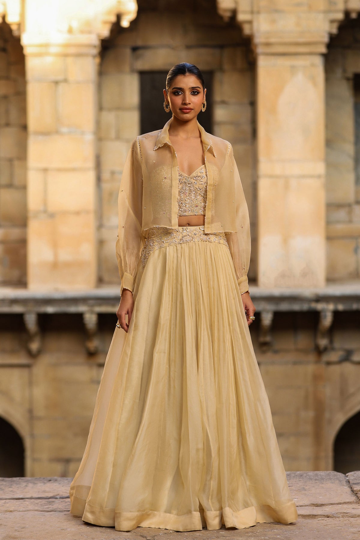 Vaayu Beige Jacket Lehenga Set
