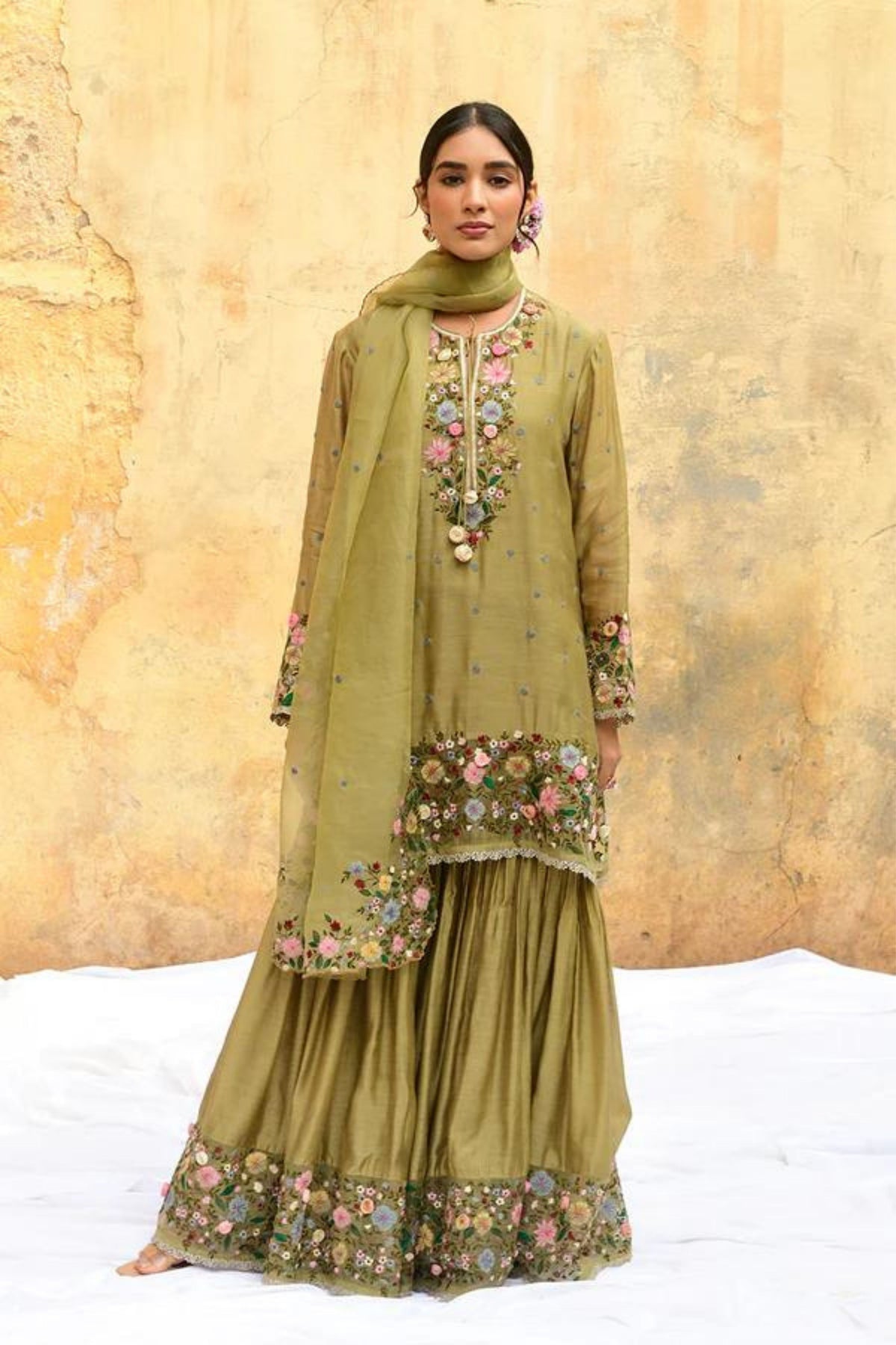 Olive Green Orchid Sharara Set