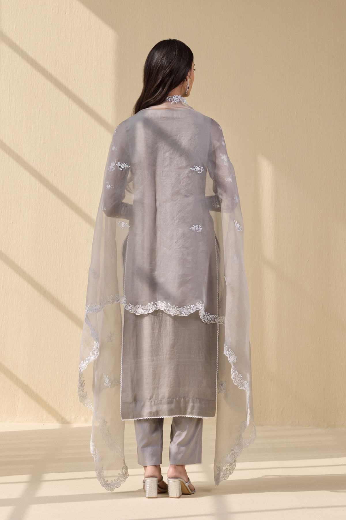 Grey Embroidered Organza Suit
