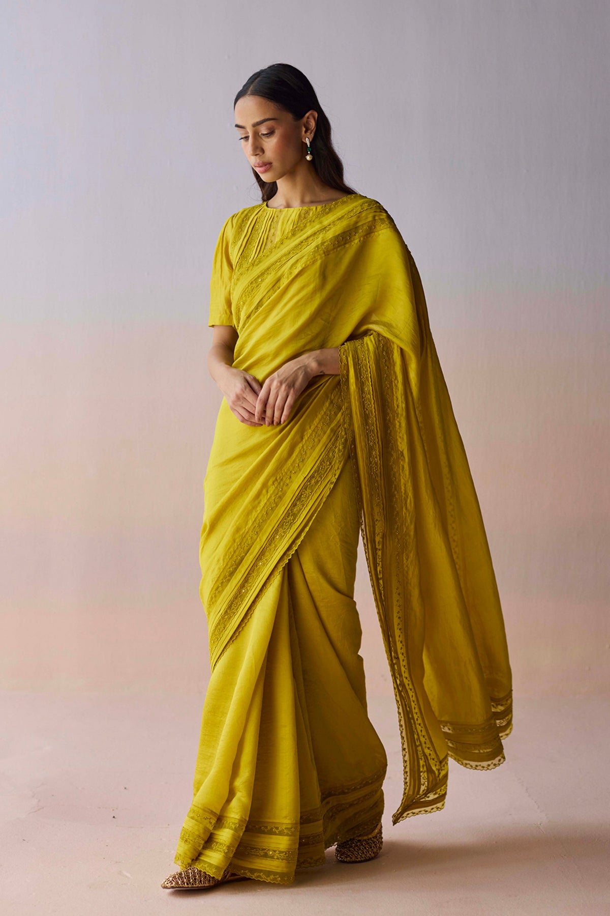Whispering Ivy Embroidered Yellow Saree