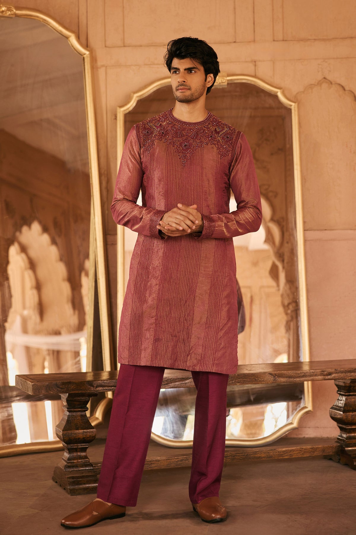 Wine Tissue Kurta Set