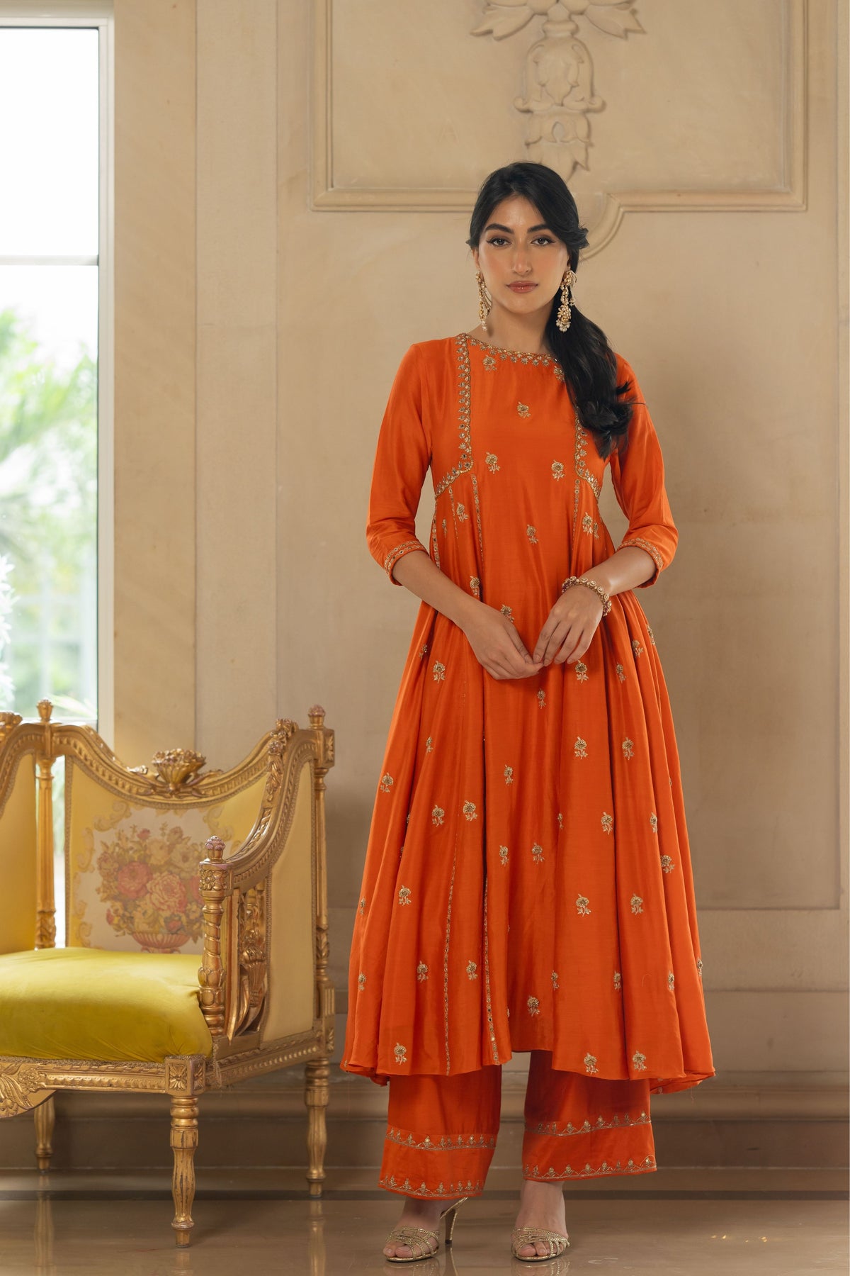 Rust Butti Embroidered Kurta Set