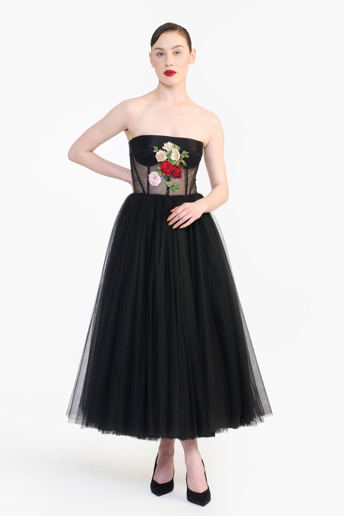 Tulle Midi With Floral Embroidery