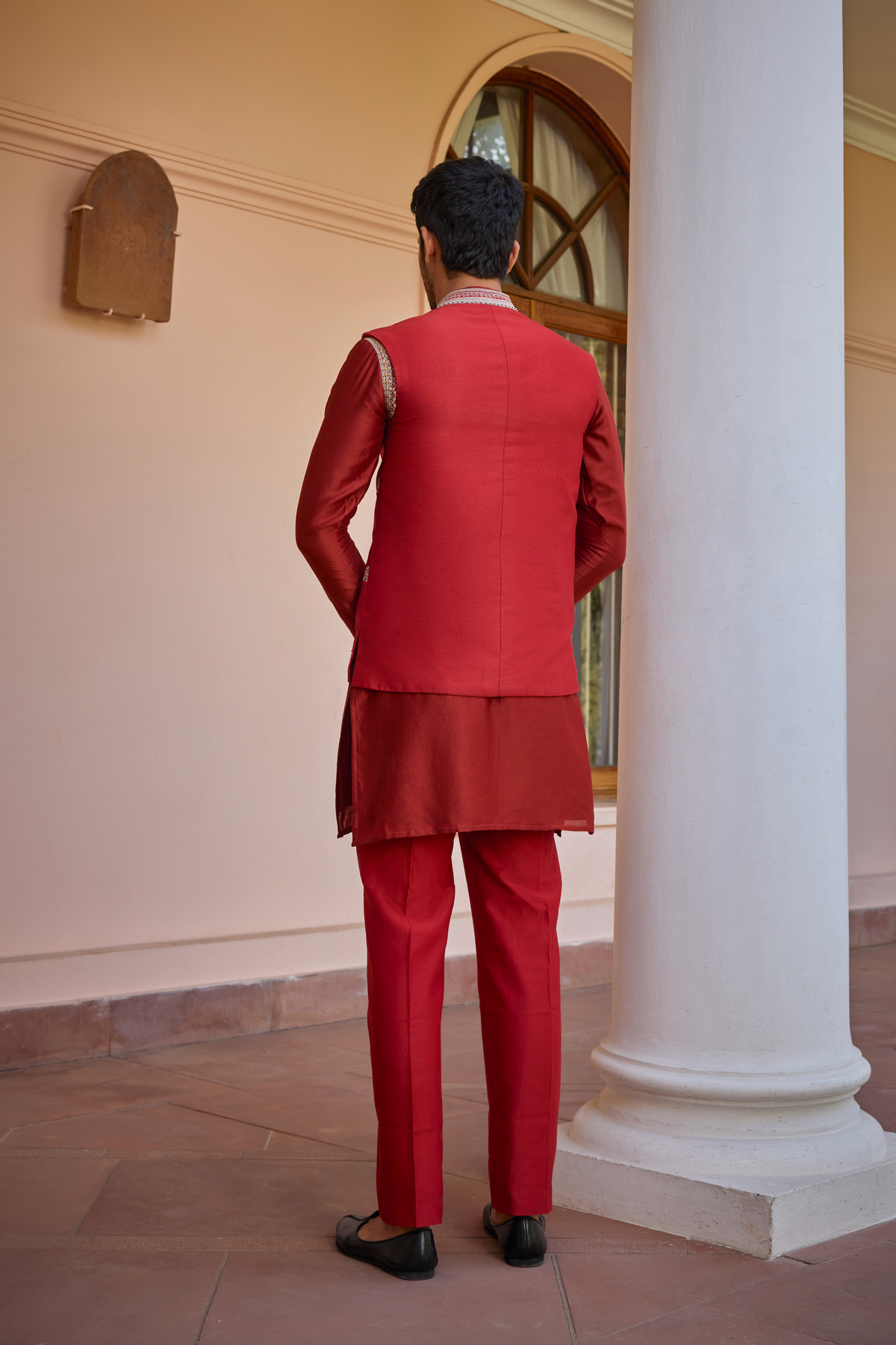 Red hand embroidered bundi jacket set