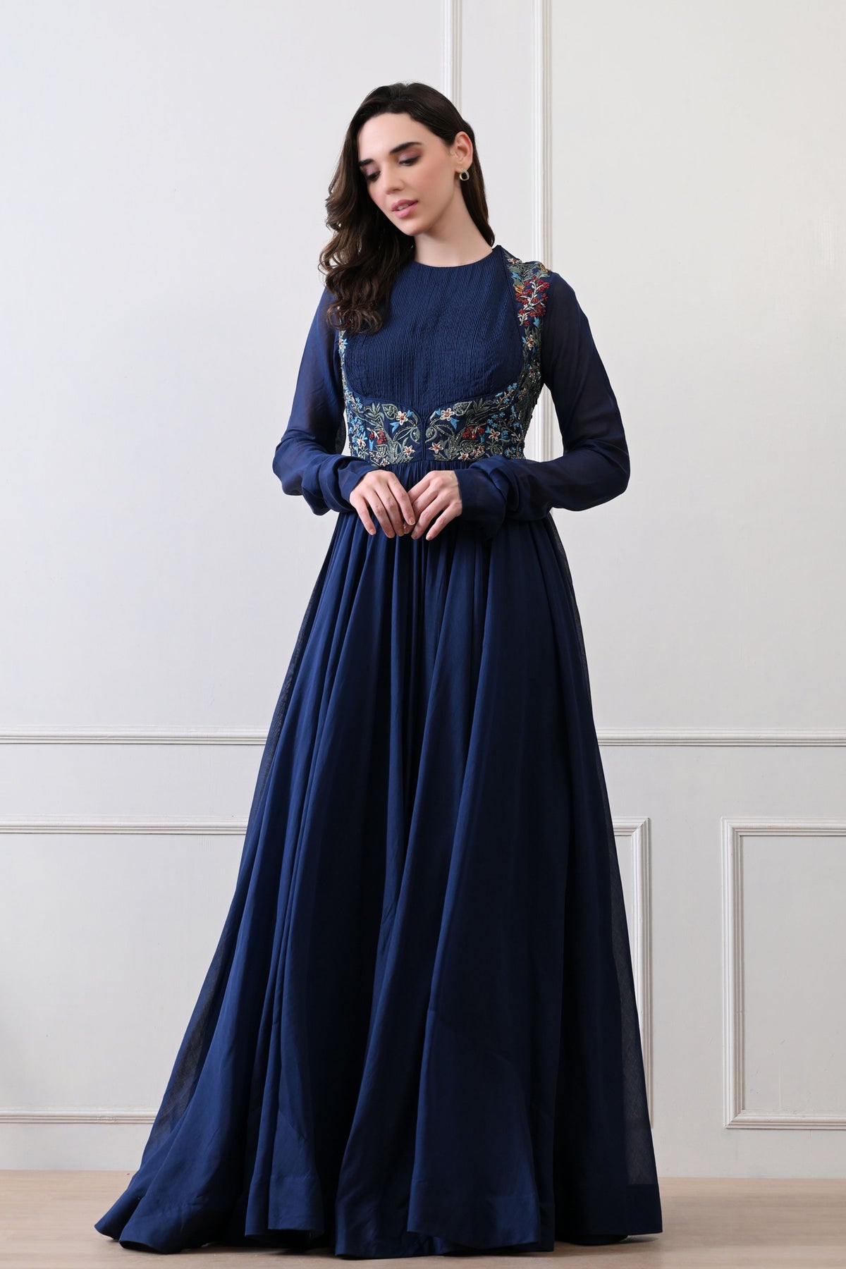 Blue Pintuck Bodice Embroidered Anarkali