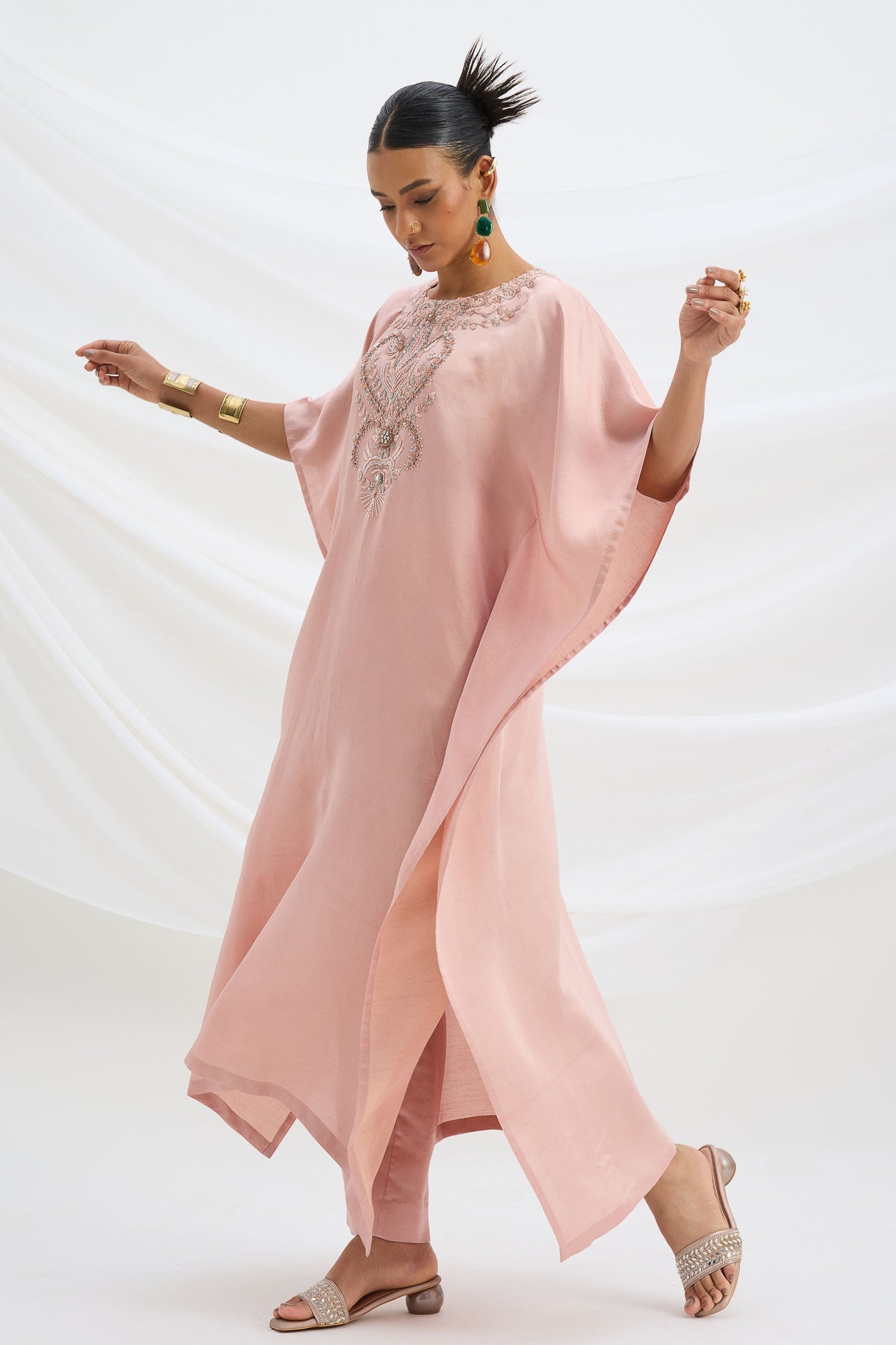 Peach Pink Embroidered Kaftan Set