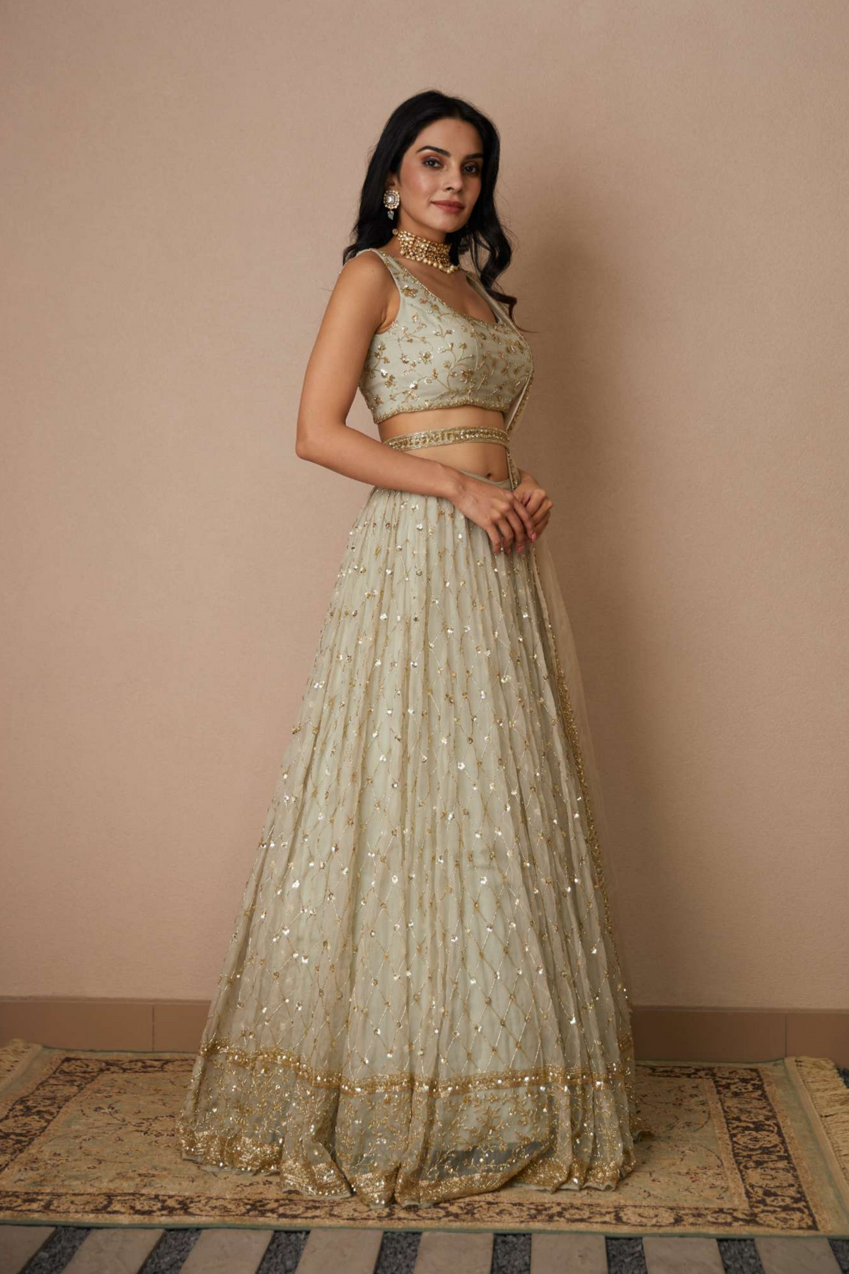 Light Grey Organza Lehenga Set