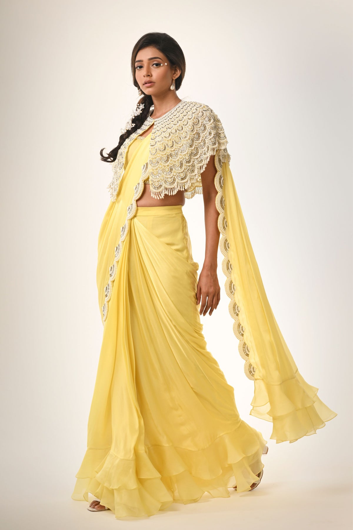 Pearl Scallop Cape Saree Set