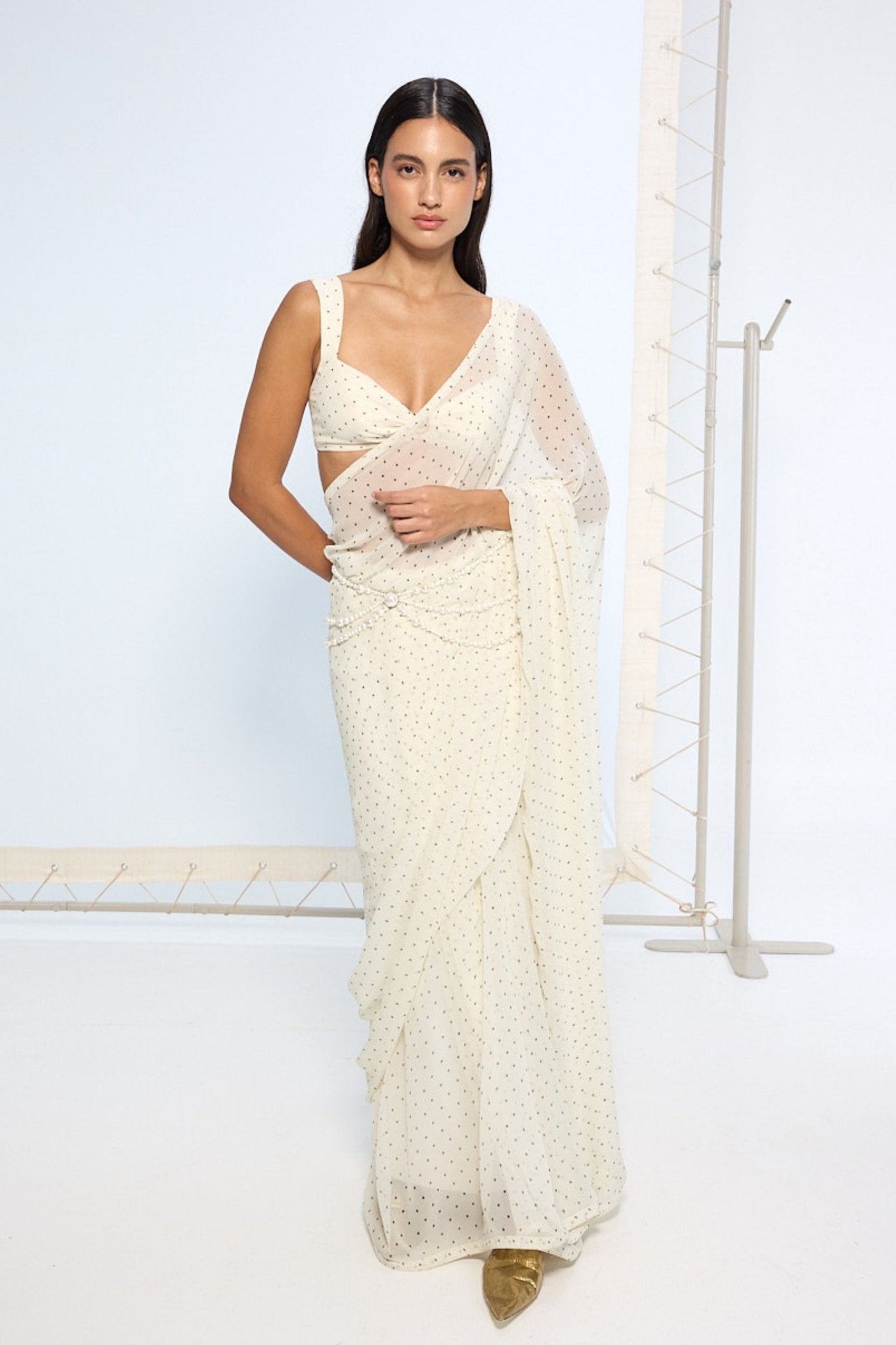 White Polka Dotted Saree - Ekaya - Elahe