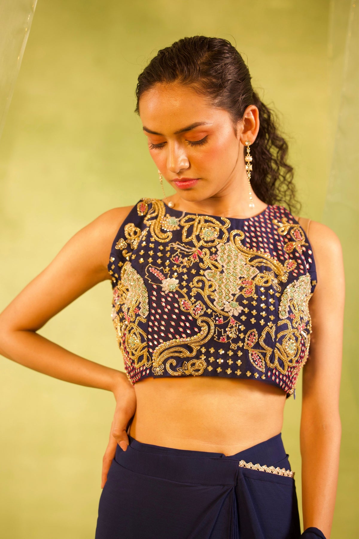 Navy Blue Embroidered Saree Set