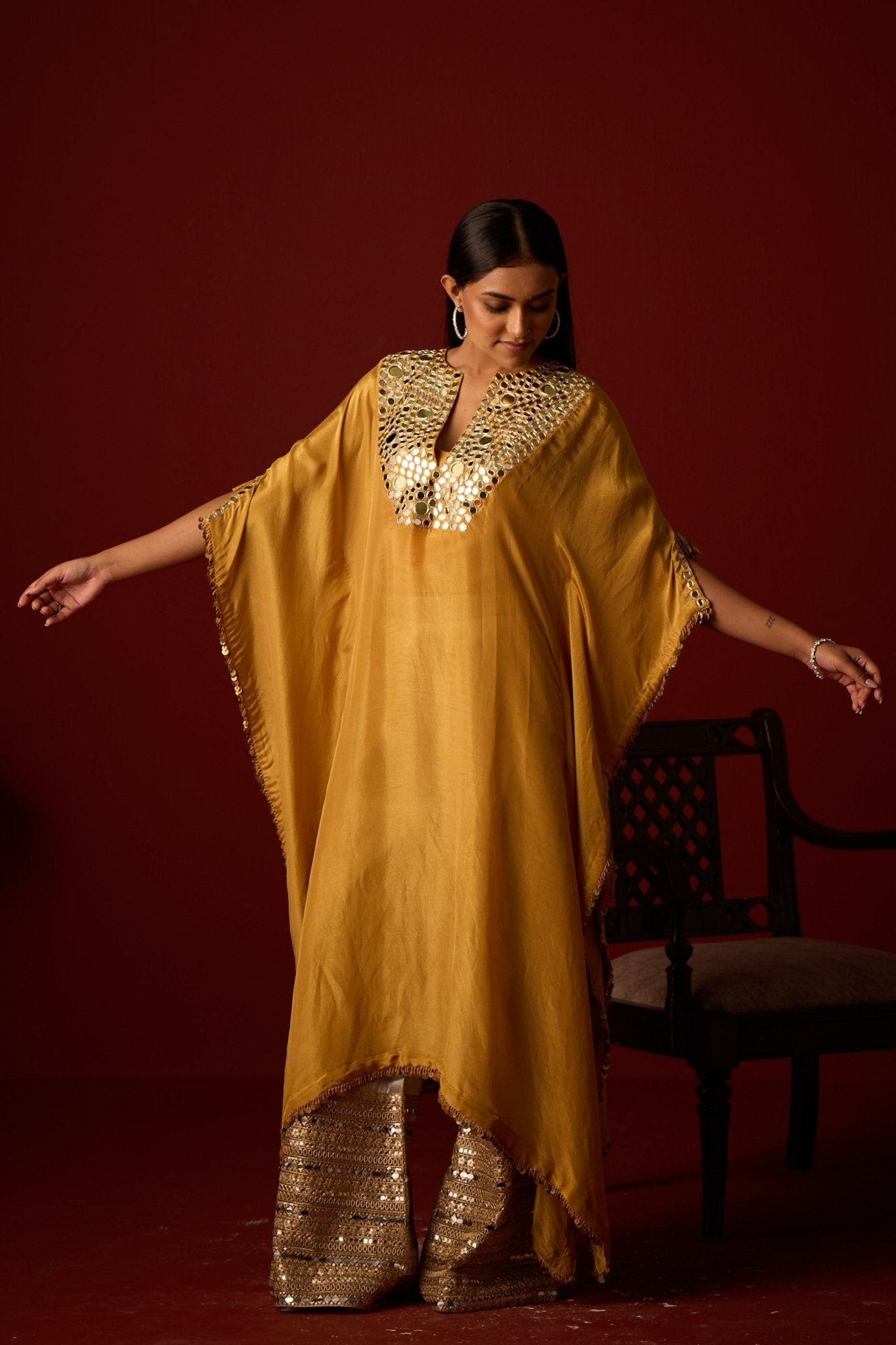 Golden Yellow Tissue Mirror Work Kaftan Set L Golden Yellow Tissue Mirror Work Kaftan Set L