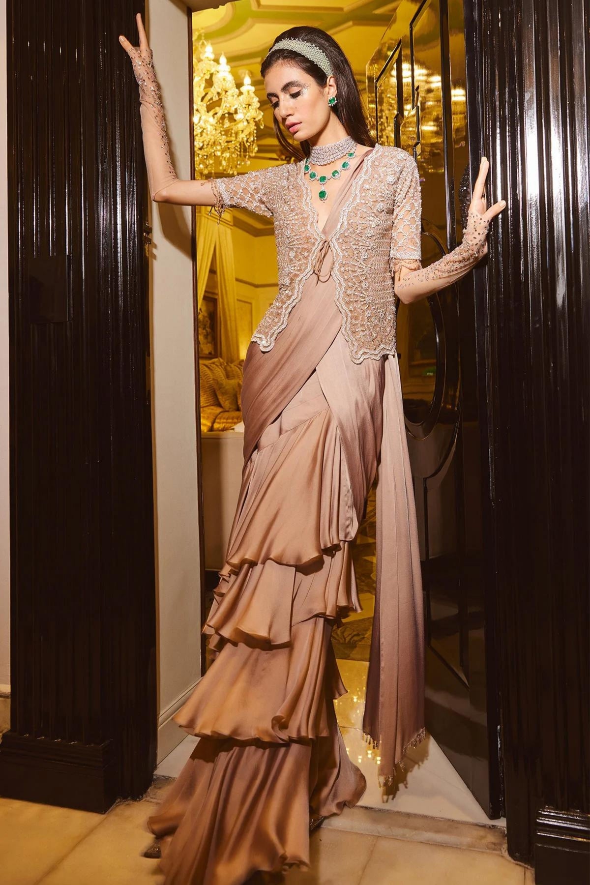 Embroidered Jacket With Draped Saree