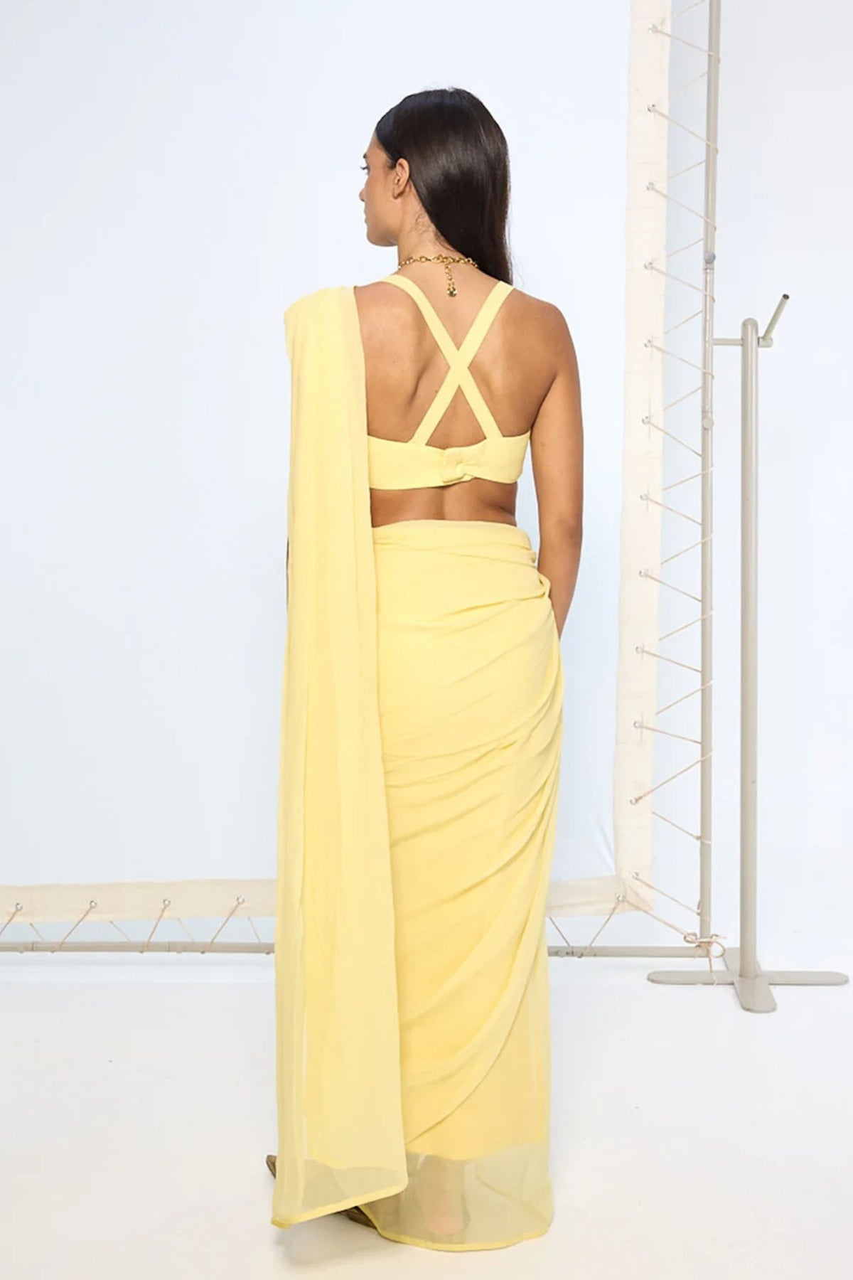Yellow Brooch Chiffon Saree