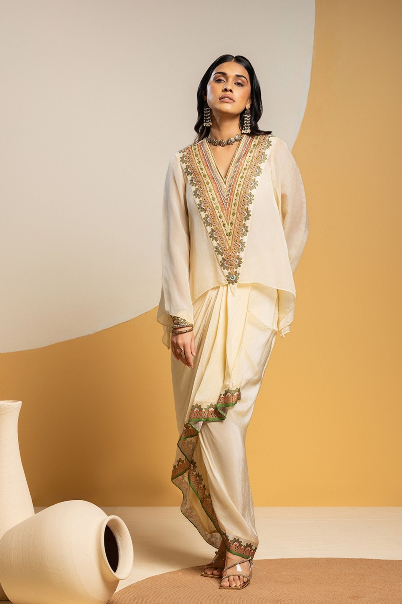 Off White Embellished Drape Skirt Set - Sougat Paul - Elahe