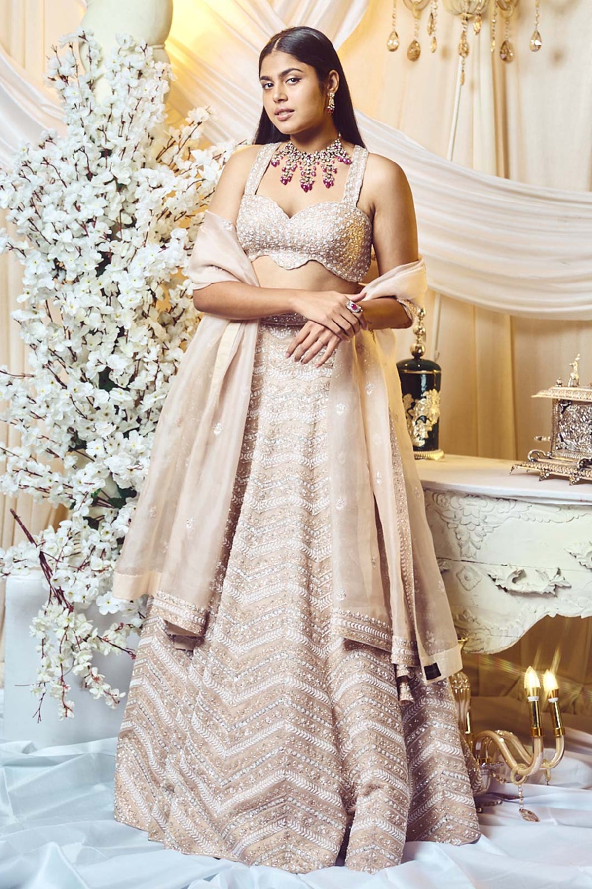 Champagne Taupe Chevron Lehenga Set